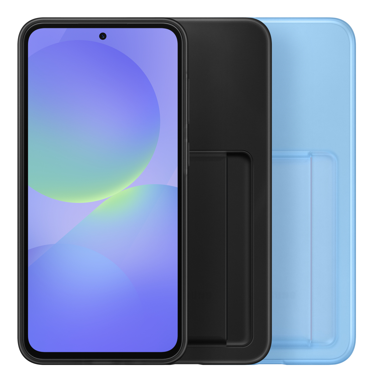 Un teléfono inteligente en una funda, con una parte trasera negra y un soporte azul claro.