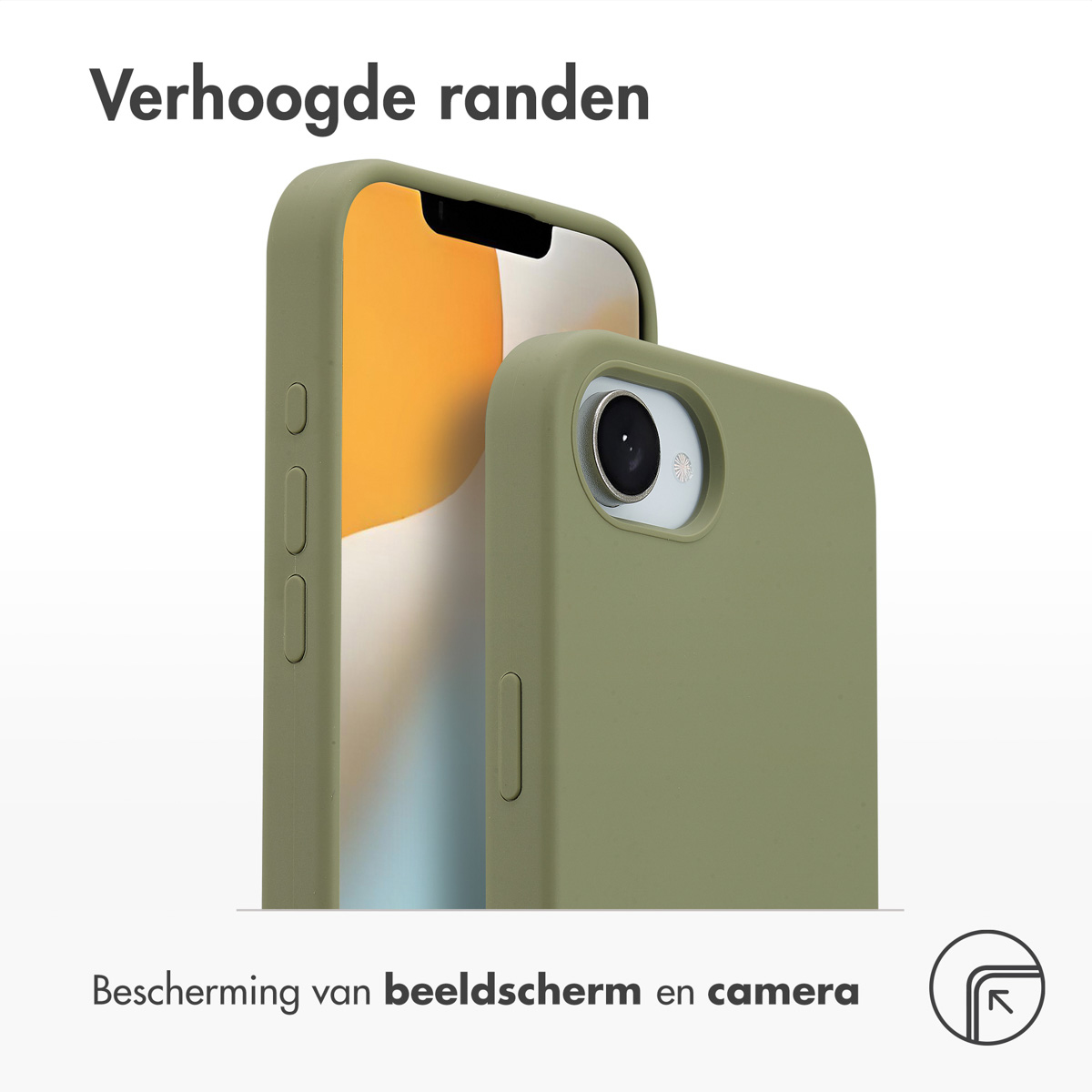 Coque verte protégeant le téléphone. Bords relevés. Écran et appareil photo.