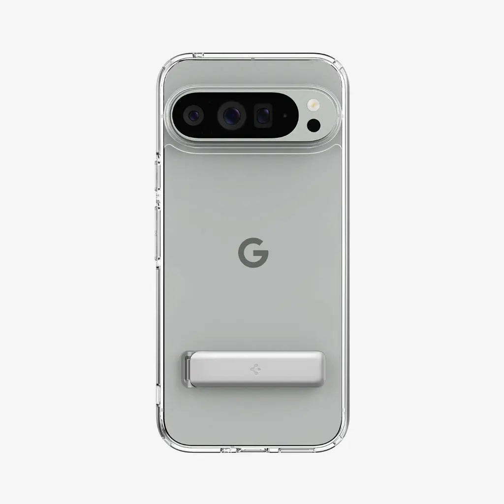 Téléphone dans une coque transparente. Vue arrière. Logo Google. Béquille argentée. Fond blanc.