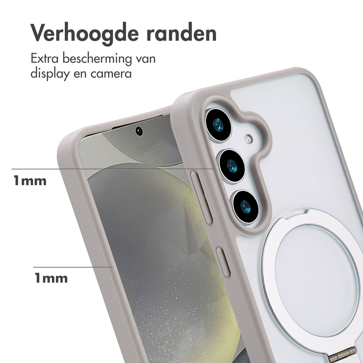 Close-up van een telefoon in een lichtgrijze hoes. De hoes heeft verhoogde randen, met een zilveren ring.