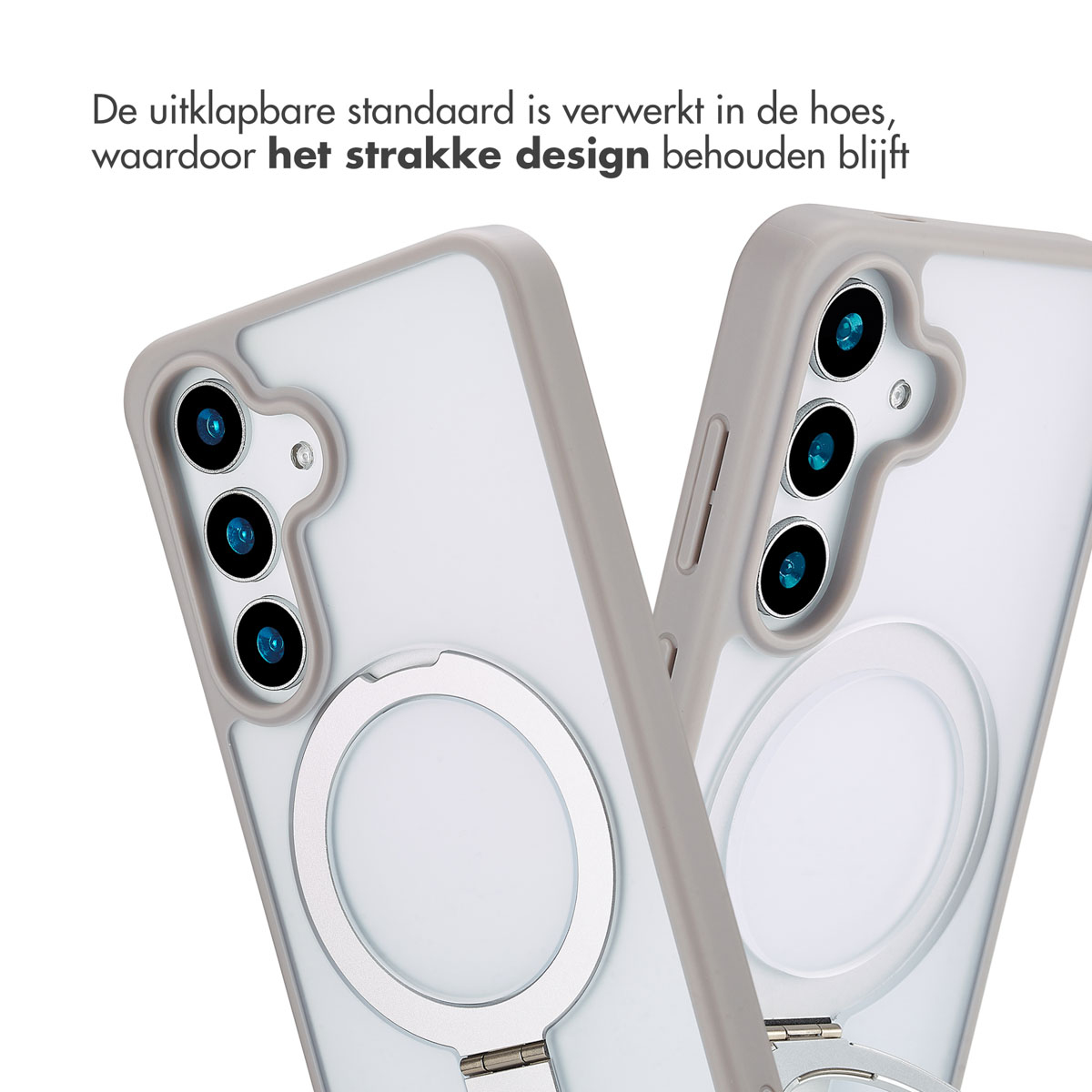 Telefoonhoesje met telefoon. Tekst zegt De uitklapbare standaard is verwerkt in de hoes. Grijze achtergrond.