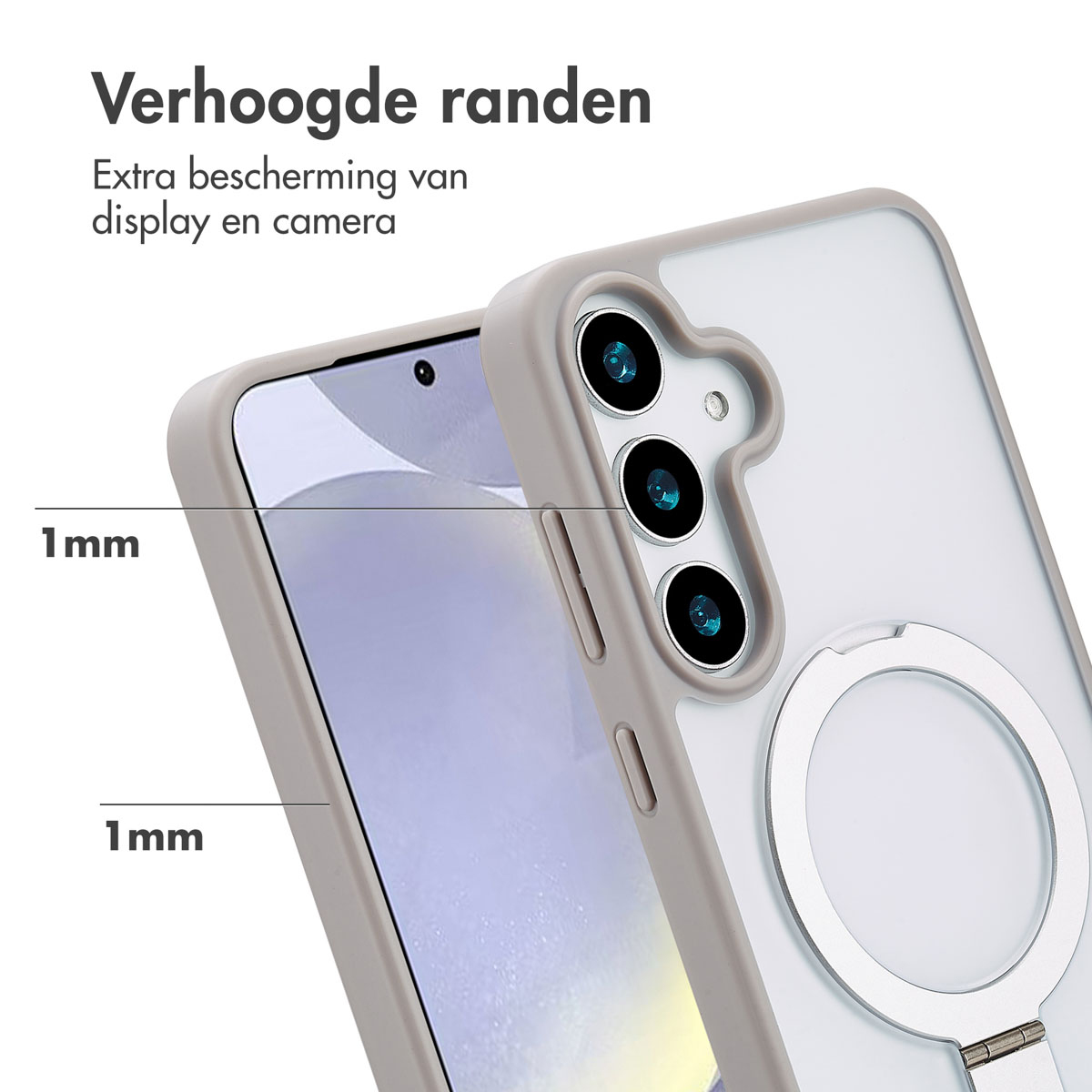 Gros plan d'une coque de téléphone, montrant des bords surélevés protégeant l'écran et la caméra.