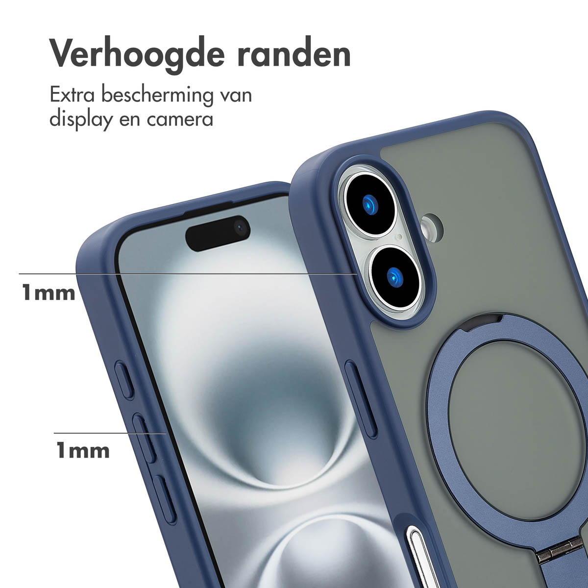 Telefoonhoes met verhoogde randen, beschermt scherm en camera, blauwe ring.