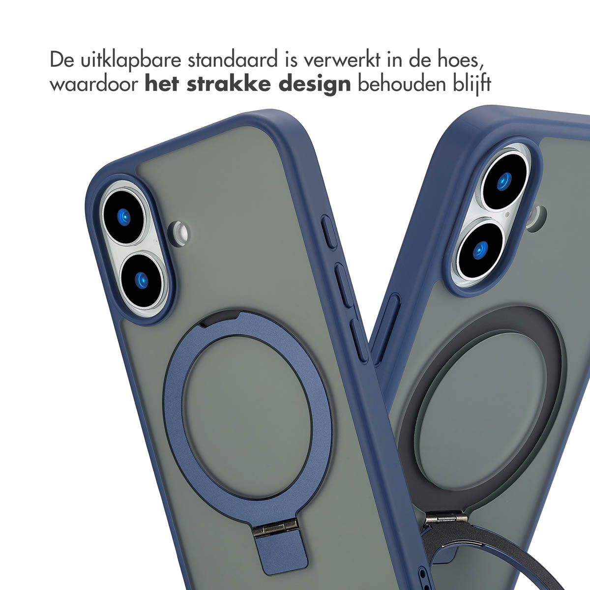 Twee telefoonhoesjes met blauwe accenten worden getoond, die hun design laten zien. De achtergrond is wazig.