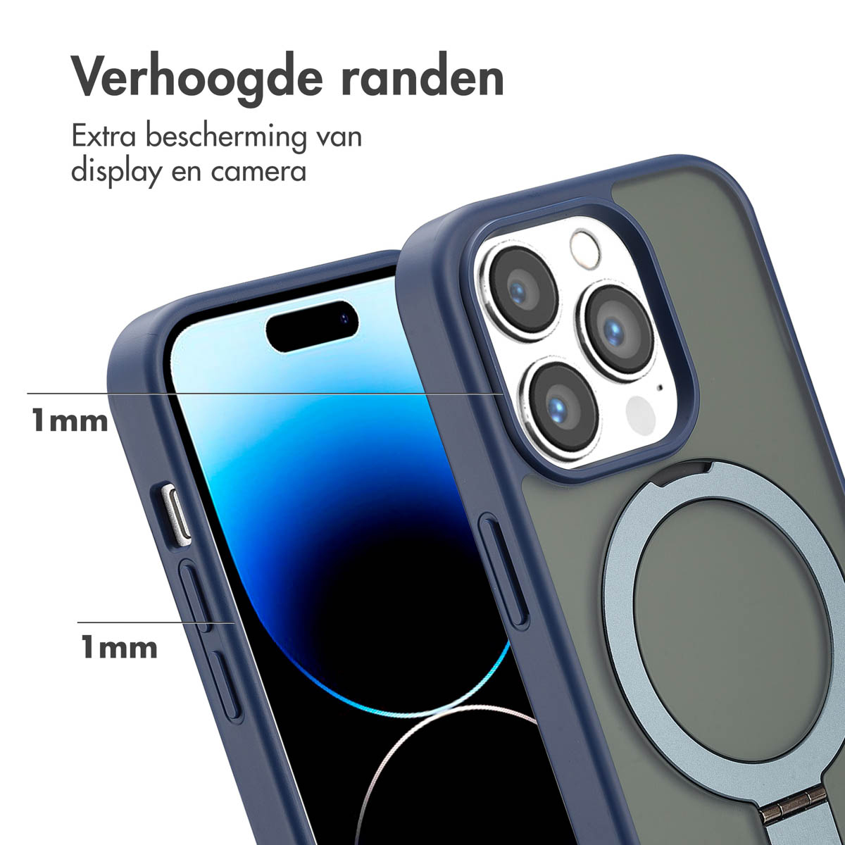 Gros plan sur une coque de téléphone avec un support d'anneau attaché, superposition de texte.