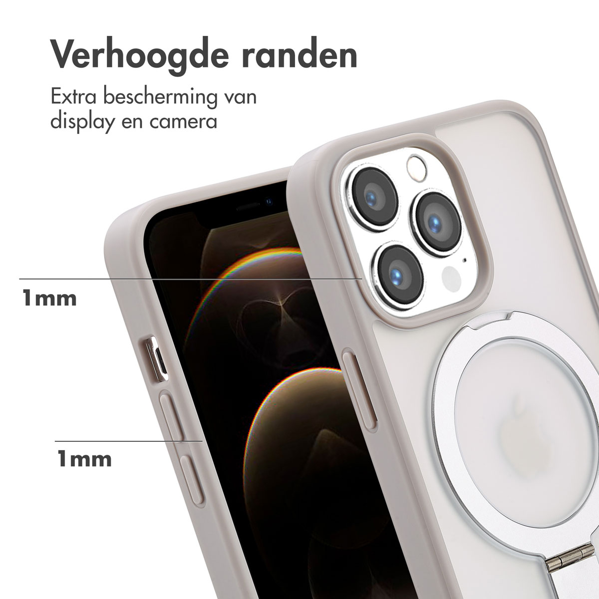 Gros plan d'une coque de téléphone avec des bords surélevés, protégeant l'écran et la caméra.
