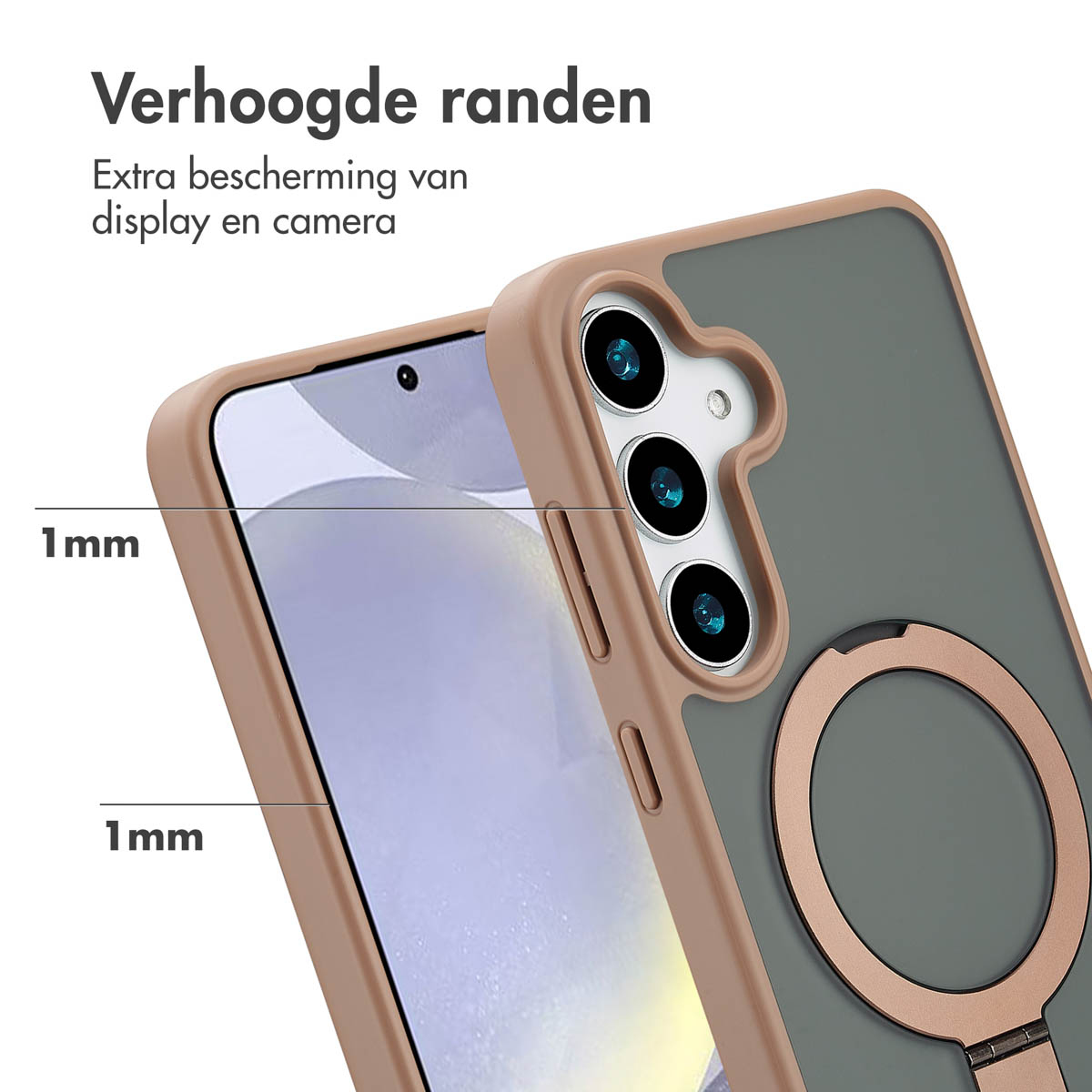 Gros plan d'un téléphone dans une coque. La coque est beige et verte, avec des bords surélevés et un anneau.