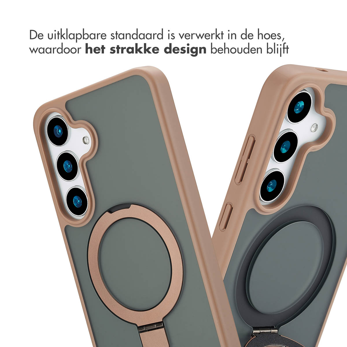 Deux coques de téléphone. Coque olive avec support de bague. Gros plan montrant le support de bague et les découpes de la caméra.