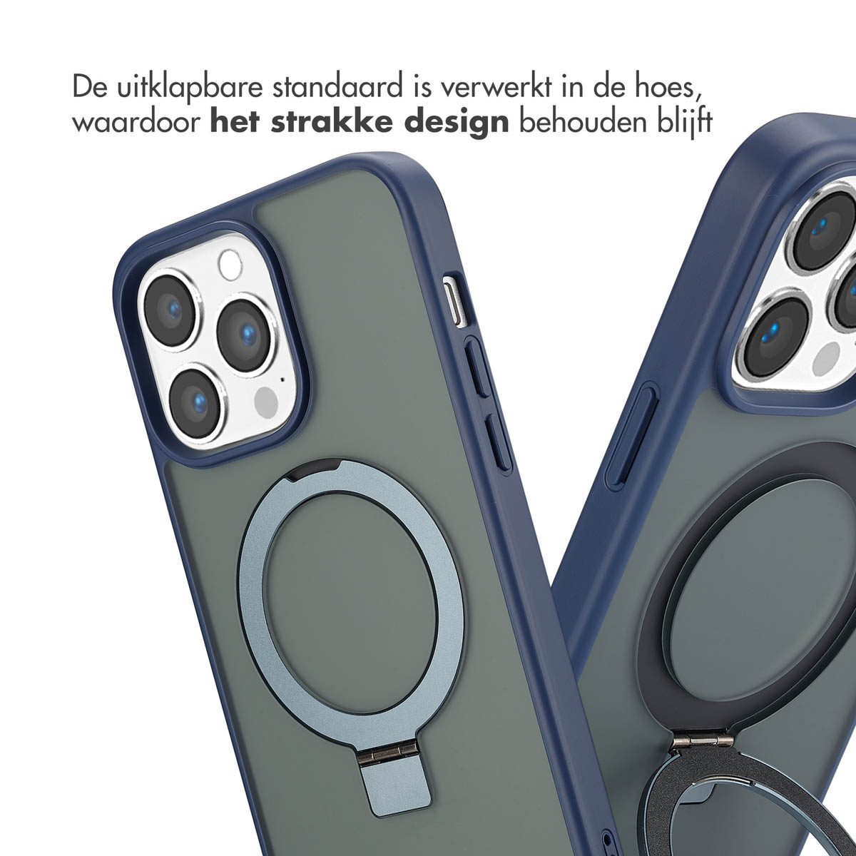 Deux étuis de téléphone avec des supports en anneau. Les étuis sont bleu foncé et gris. Texte en haut : 'Le support pliable est intégré'.