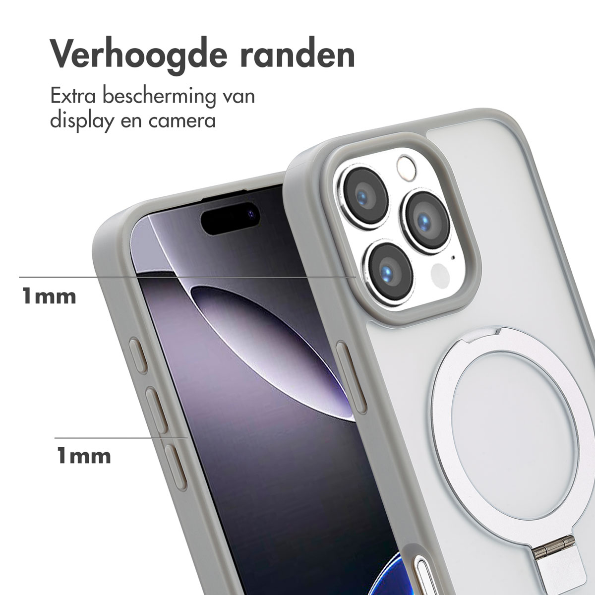 Telefoonhoes met verhoogde randen, beschermt scherm en camera. Zilver en met ringhouder.