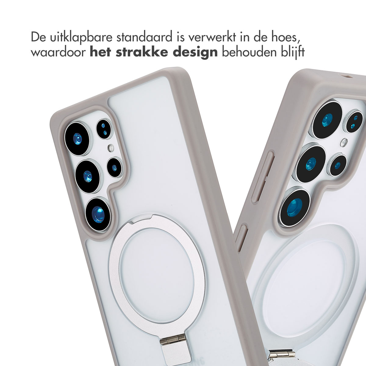 Coque de téléphone avec un support d'anneau. Texte en néerlandais. Fond blanc.