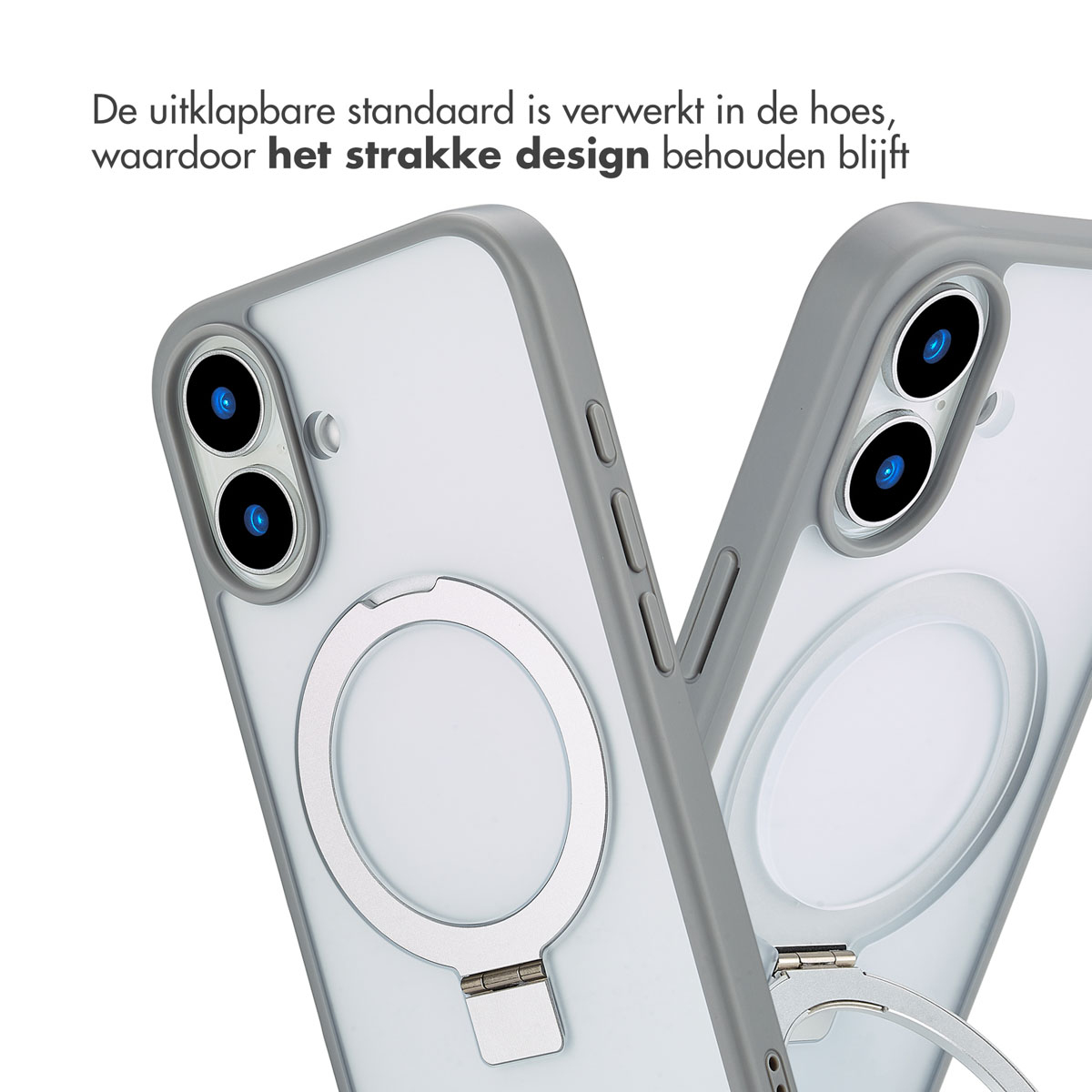 Twee telefoonhoesjes, een met een zilveren ringhouder, op een witte achtergrond.