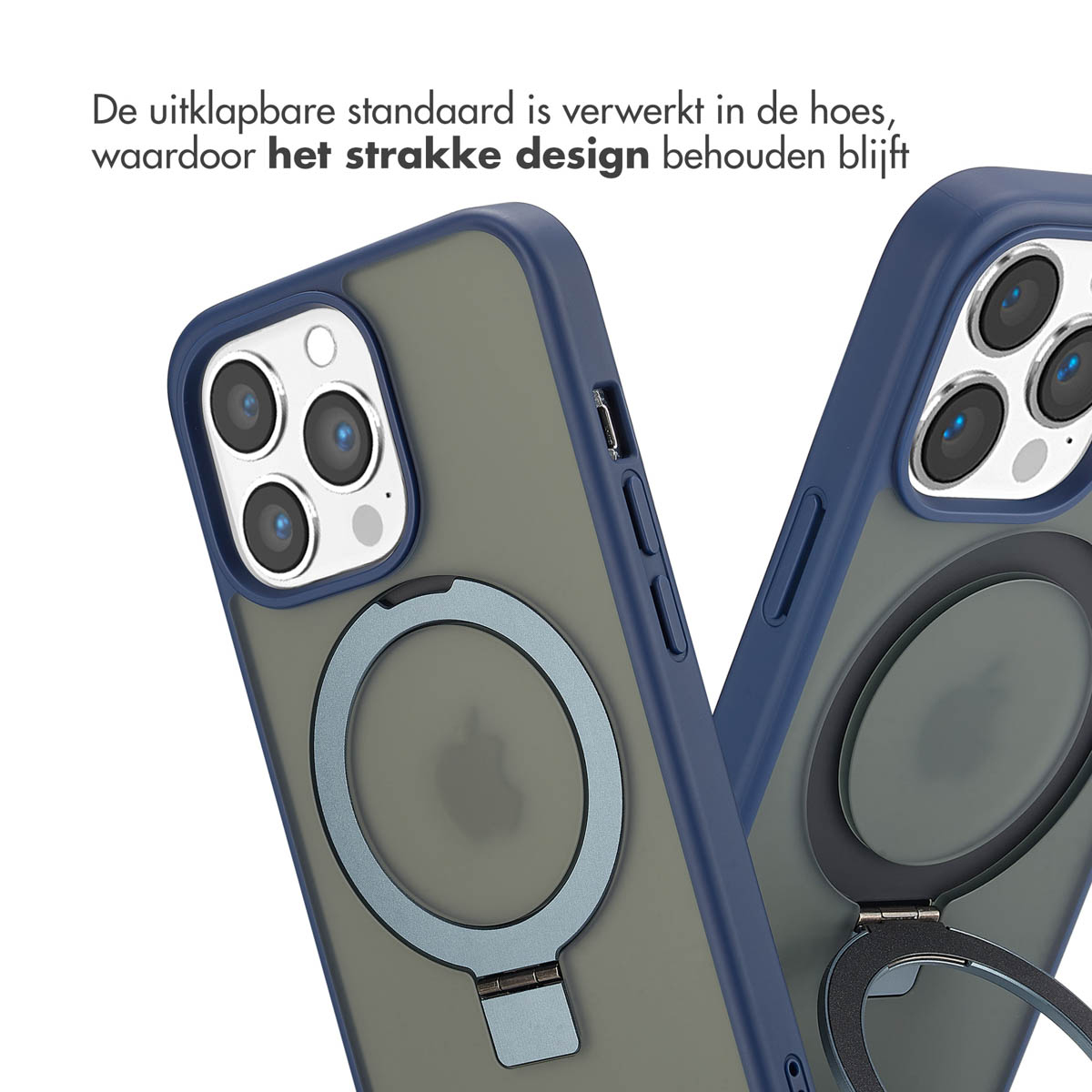 Deux coques de téléphone avec un support d'anneau. Elles sont bleues et grises.