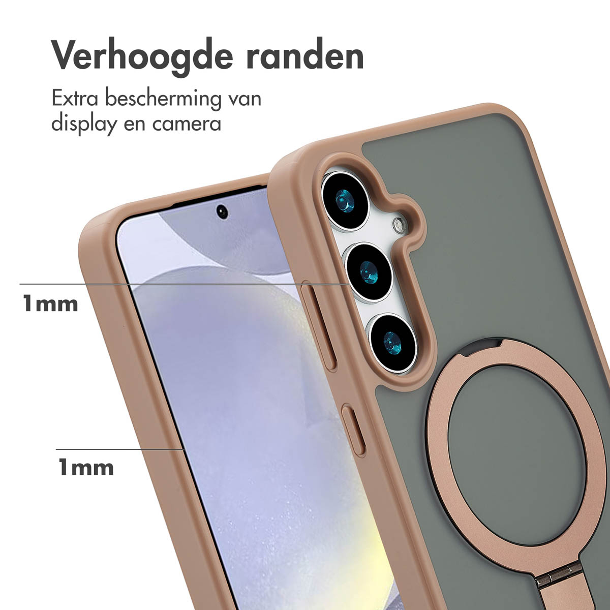 Coque de téléphone avec bords surélevés, montrant la protection d'écran et un support annulaire sur fond gris.