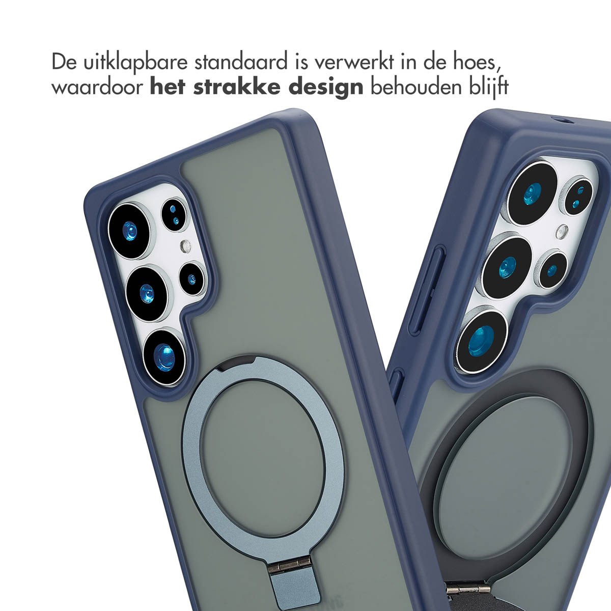 Deux coques de téléphone avec des accents bleus et un support d'anneau. L'une est inclinée, montrant l'arrière.