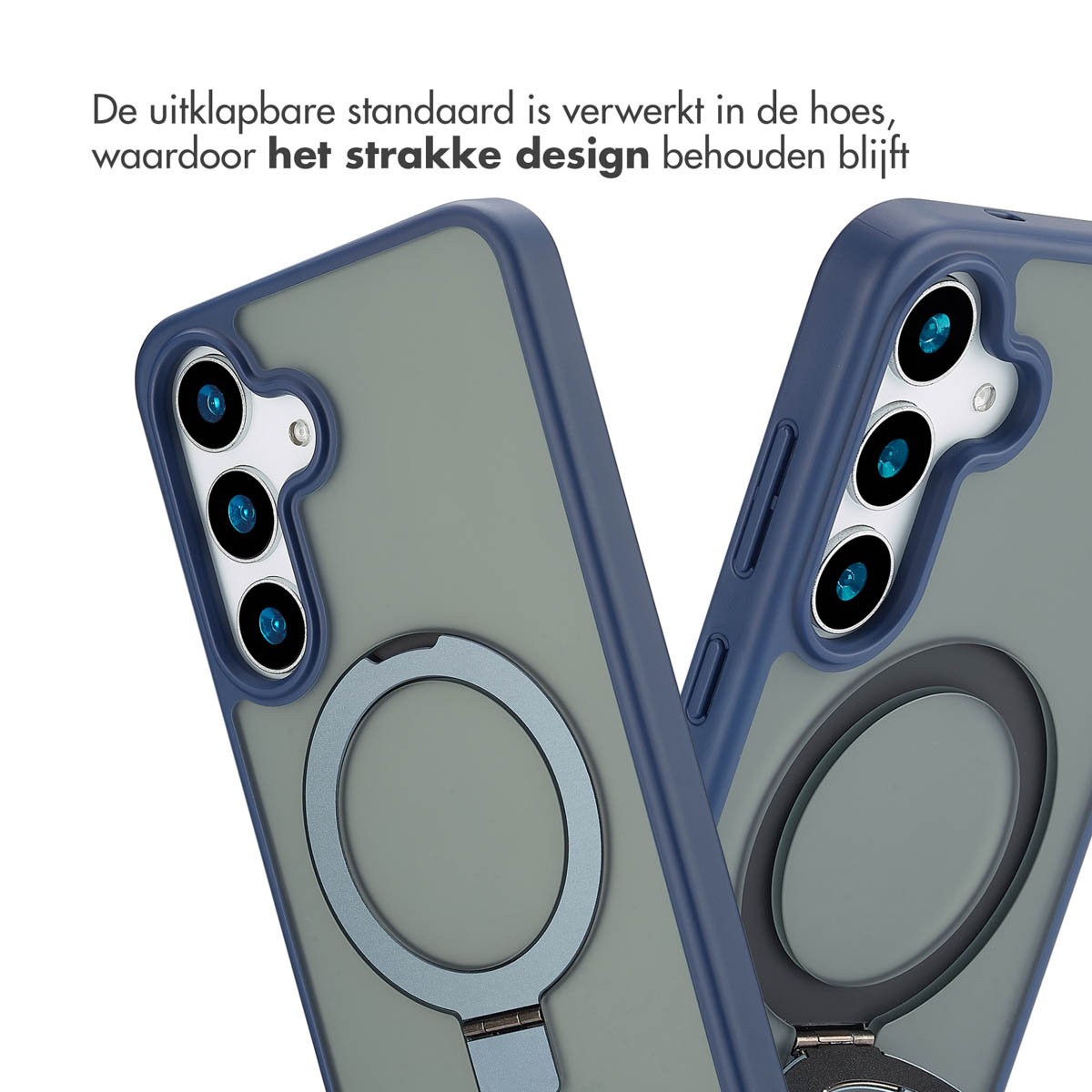 Deux étuis pour smartphone, gris-vert et bleu, avec anneaux. Texte : Le design est maintenu.