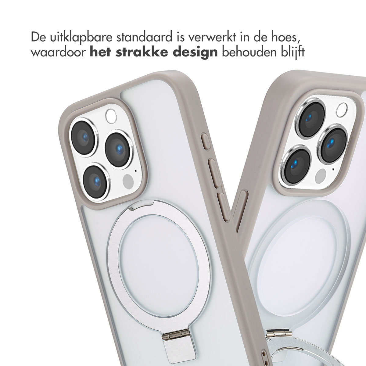 Twee telefoonhoesjes, een met een zilveren ringhouder, op een witte achtergrond.
