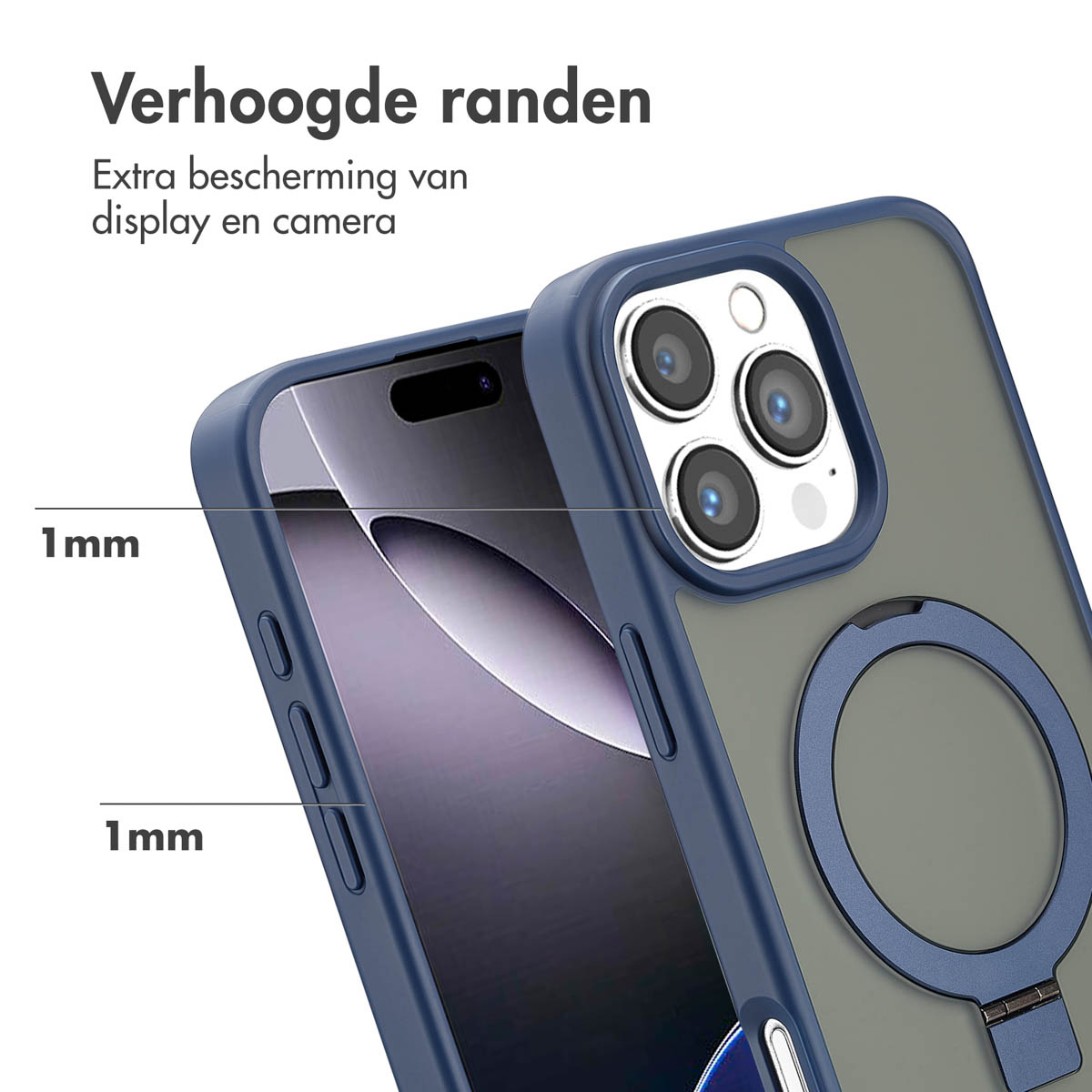 Gros plan d'une coque de téléphone avec un bord bleu et un téléphone.