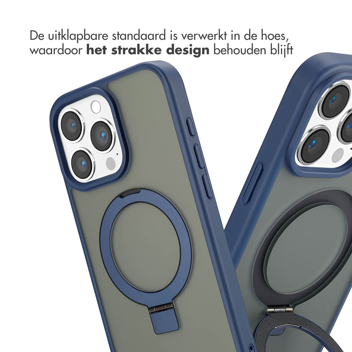 Deux coques de téléphone avec des cadres bleus. Une ouverte, montrant le support annulaire. L'autre fermée.
