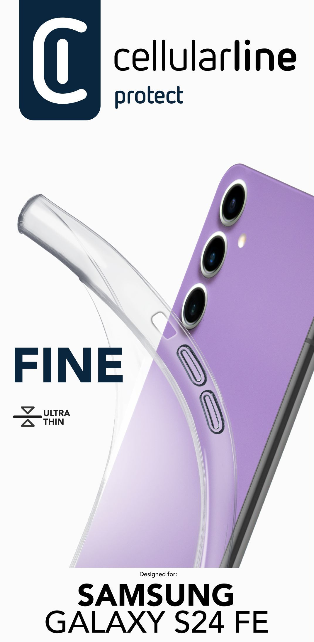 Custodia trasparente su un telefono viola, con testo Cellularline e Samsung Galaxy S24 FE.