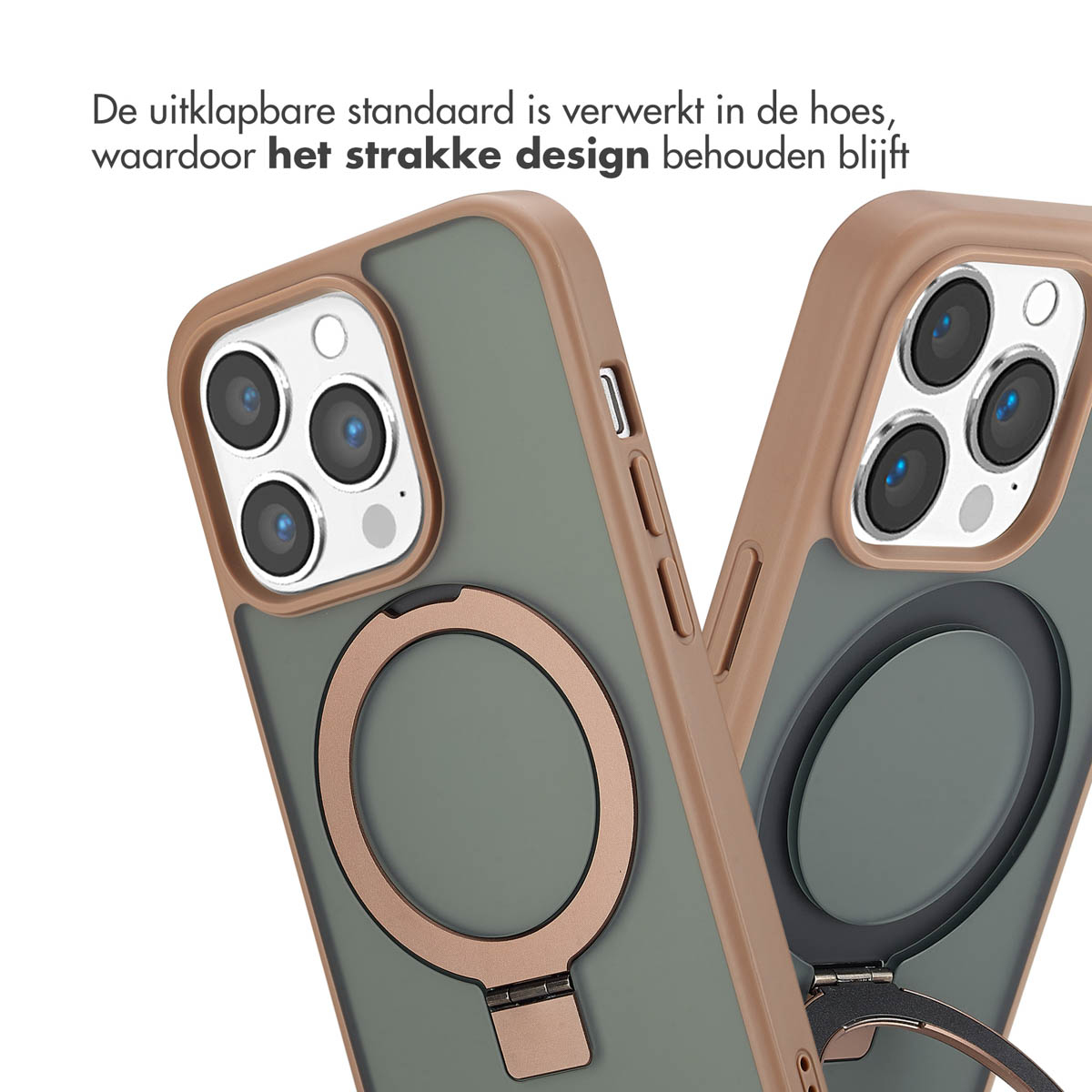 Coques de téléphone avec support d'anneau, gros plan, marron et vert.