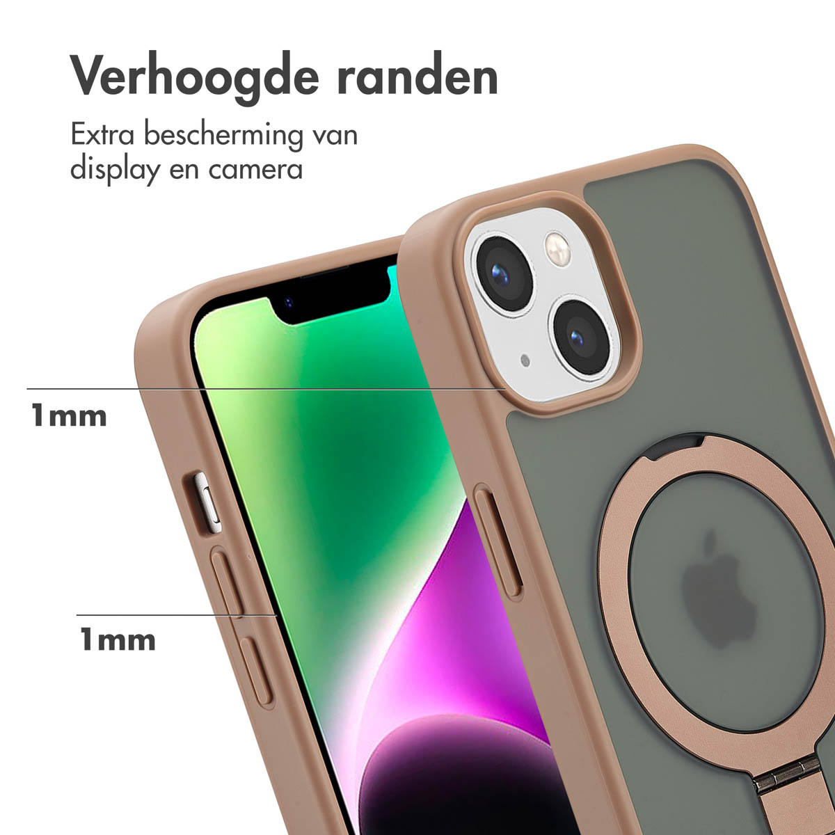Telefoonhoesje met schermbeschermer, de rand met de 1 mm meting tonend.