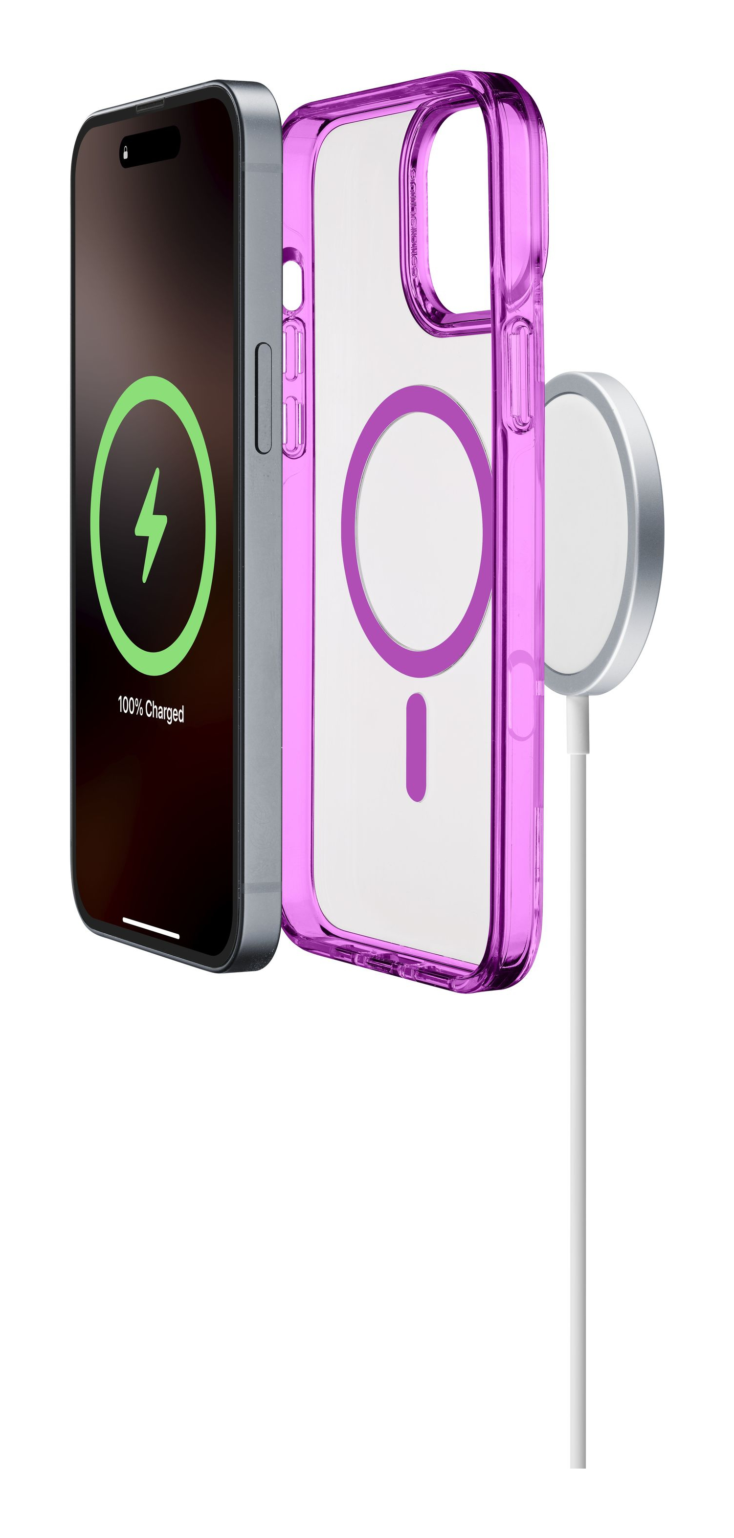 Un iPhone 14 Pro con pantalla de carga, funda y un cargador magnético.