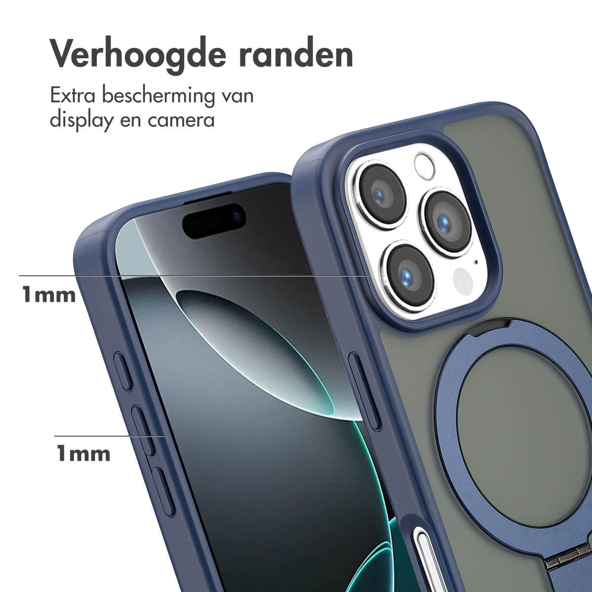 Coque de téléphone avec bords surélevés. La coque protège le téléphone. Coque bleue et verte avec un anneau.