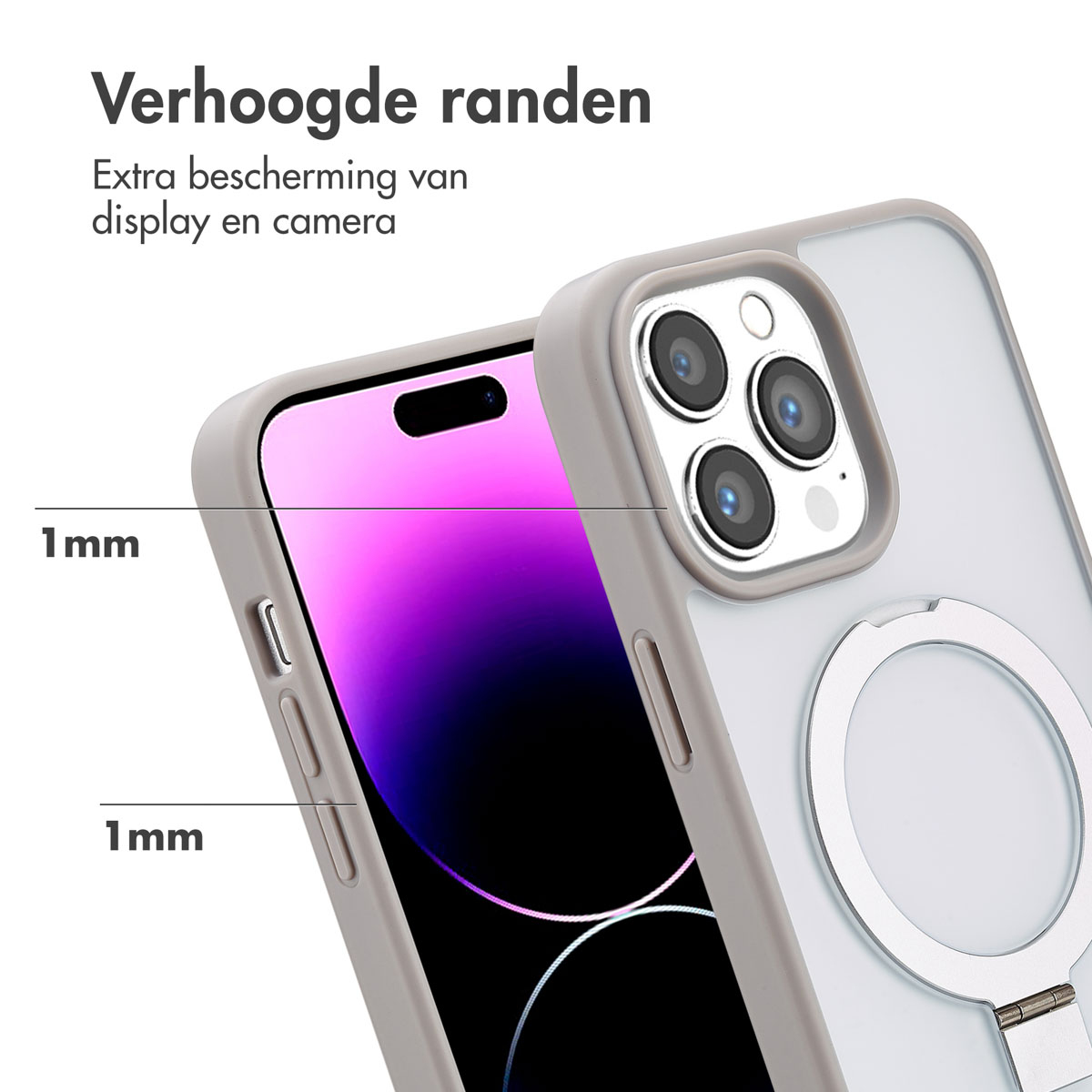 Téléphone avec une coque de protection. La coque a des bords surélevés et un anneau pour tenir le téléphone.