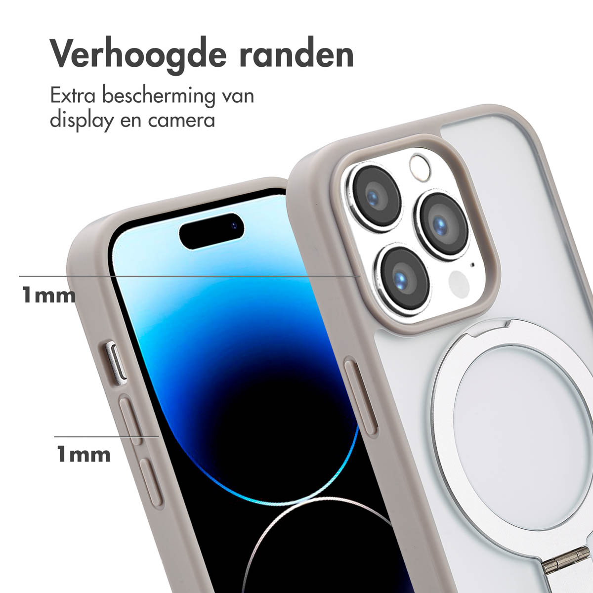 Gros plan d'une coque de téléphone sur un téléphone avec support d'anneau. Texte en haut. Fond blanc.