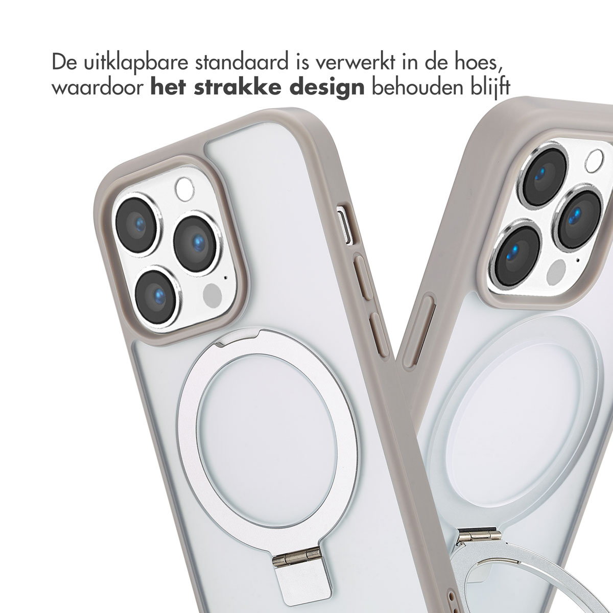 Deux téléphones avec étuis. L'un a un support en anneau. Le fond est une surface blanche.