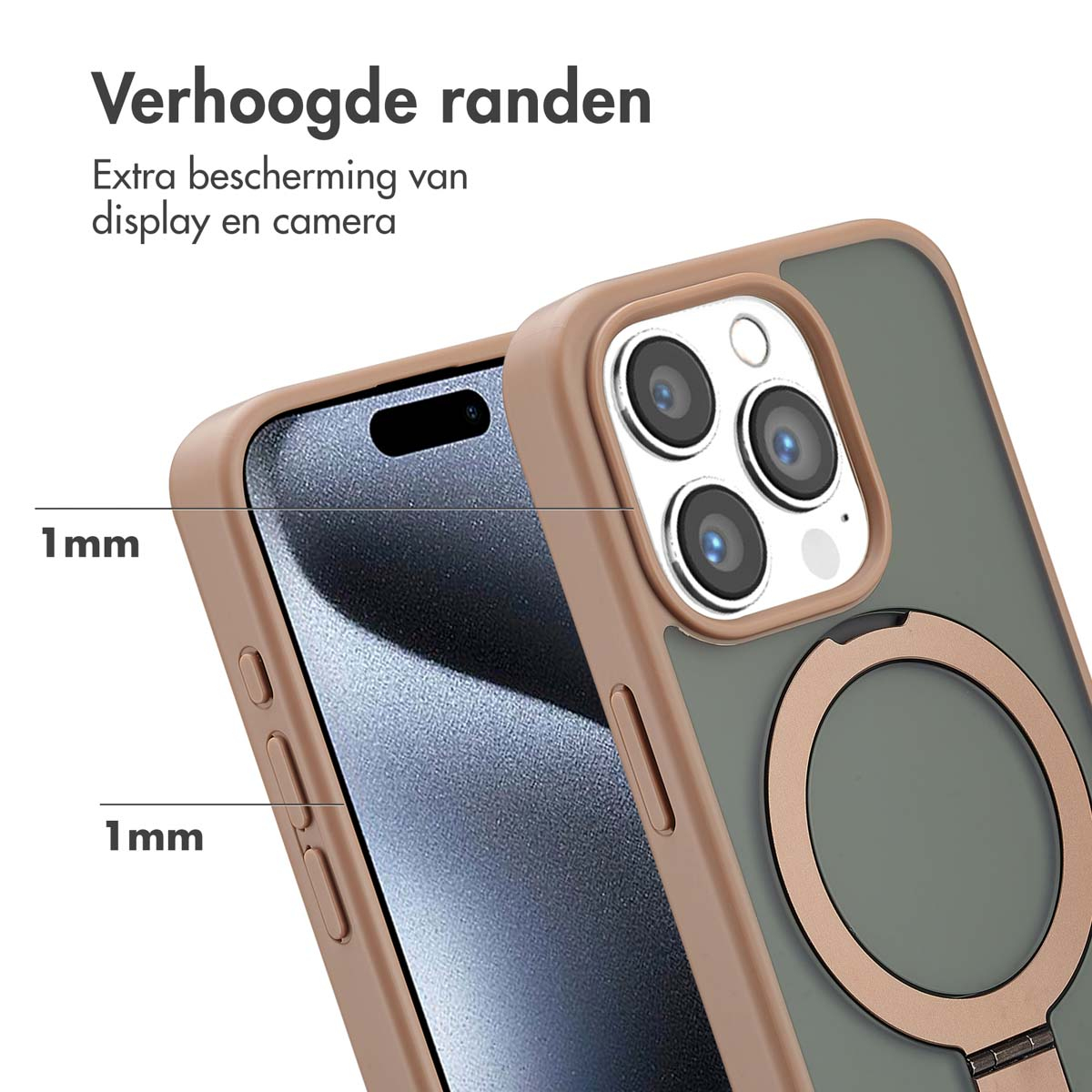 Close-up van een telefoonhoesje, olijfgroene achterkant, bruin frame, verhoogde randen en cameralenzen.