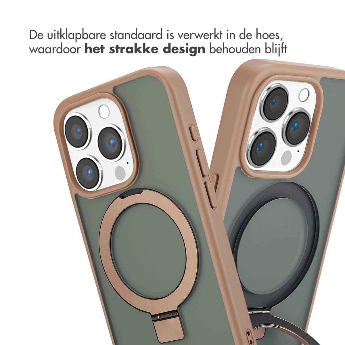 Telefoonhoesjes met een ringstandaard, met een strak design en tekst.