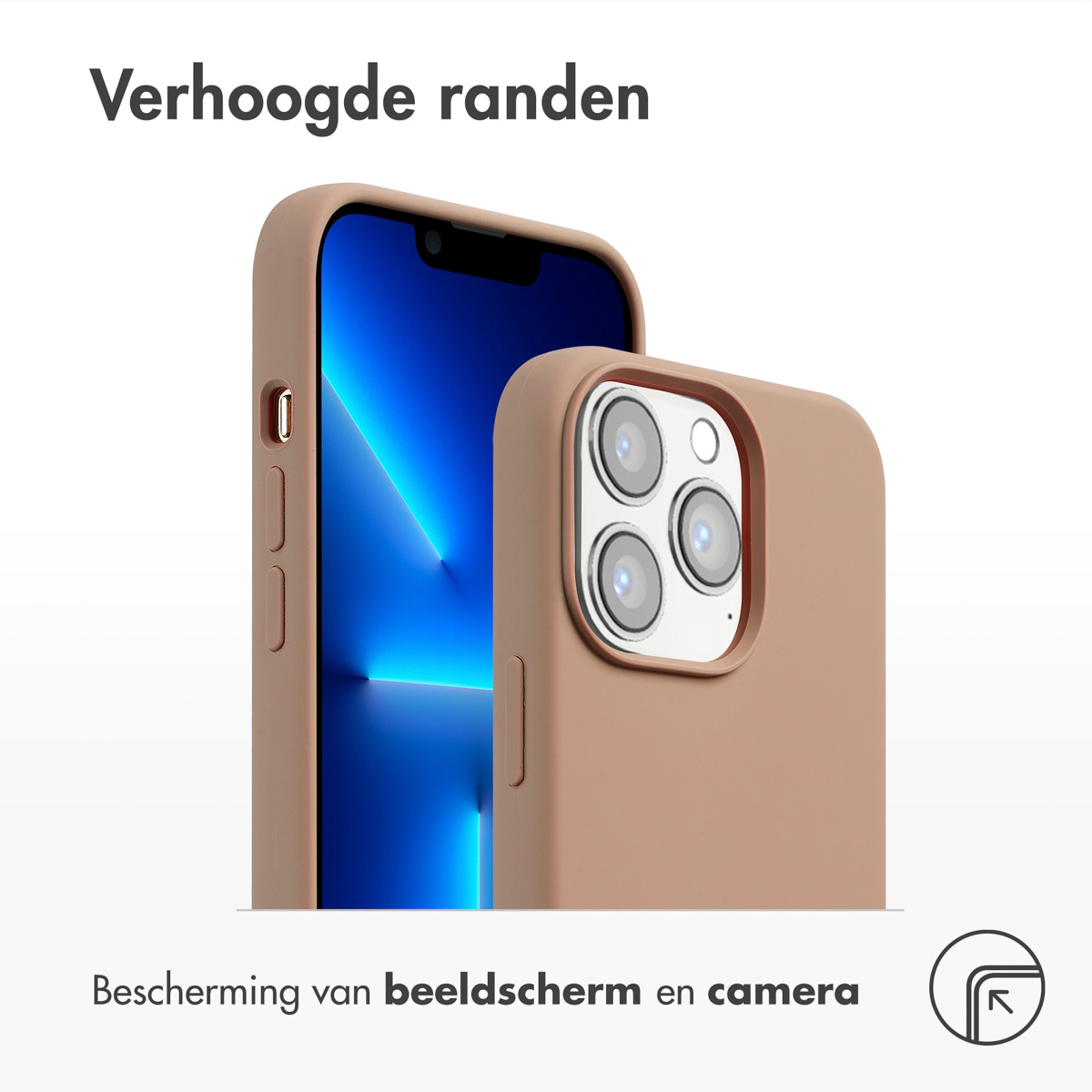 Telefoon in een beige hoesje. Tekst vermeldt scherm- en camerabescherming.