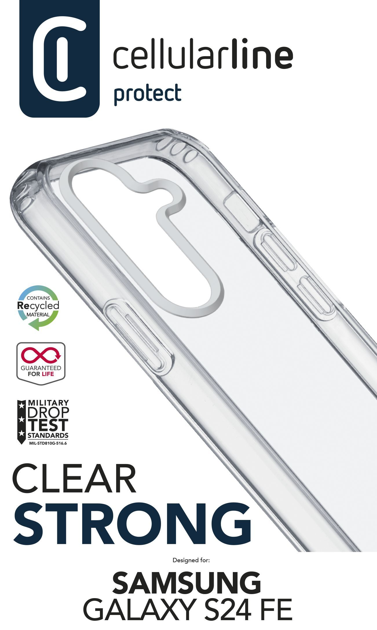 Custodia trasparente con testo 'clear strong' e 'Samsung Galaxy S24 FE'.
