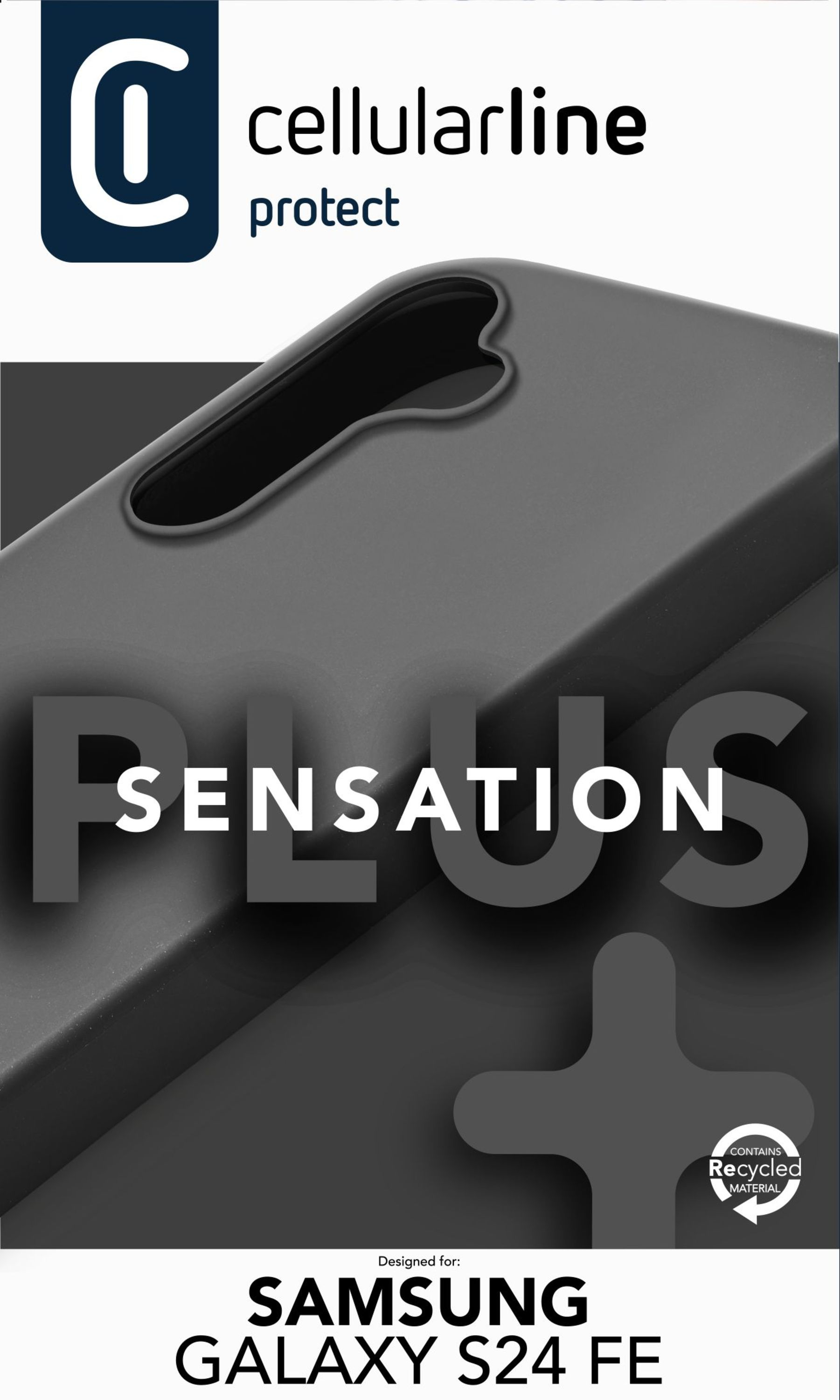 Custodia per telefono nera con la parola 'SENSATION' sul davanti. Per Samsung.