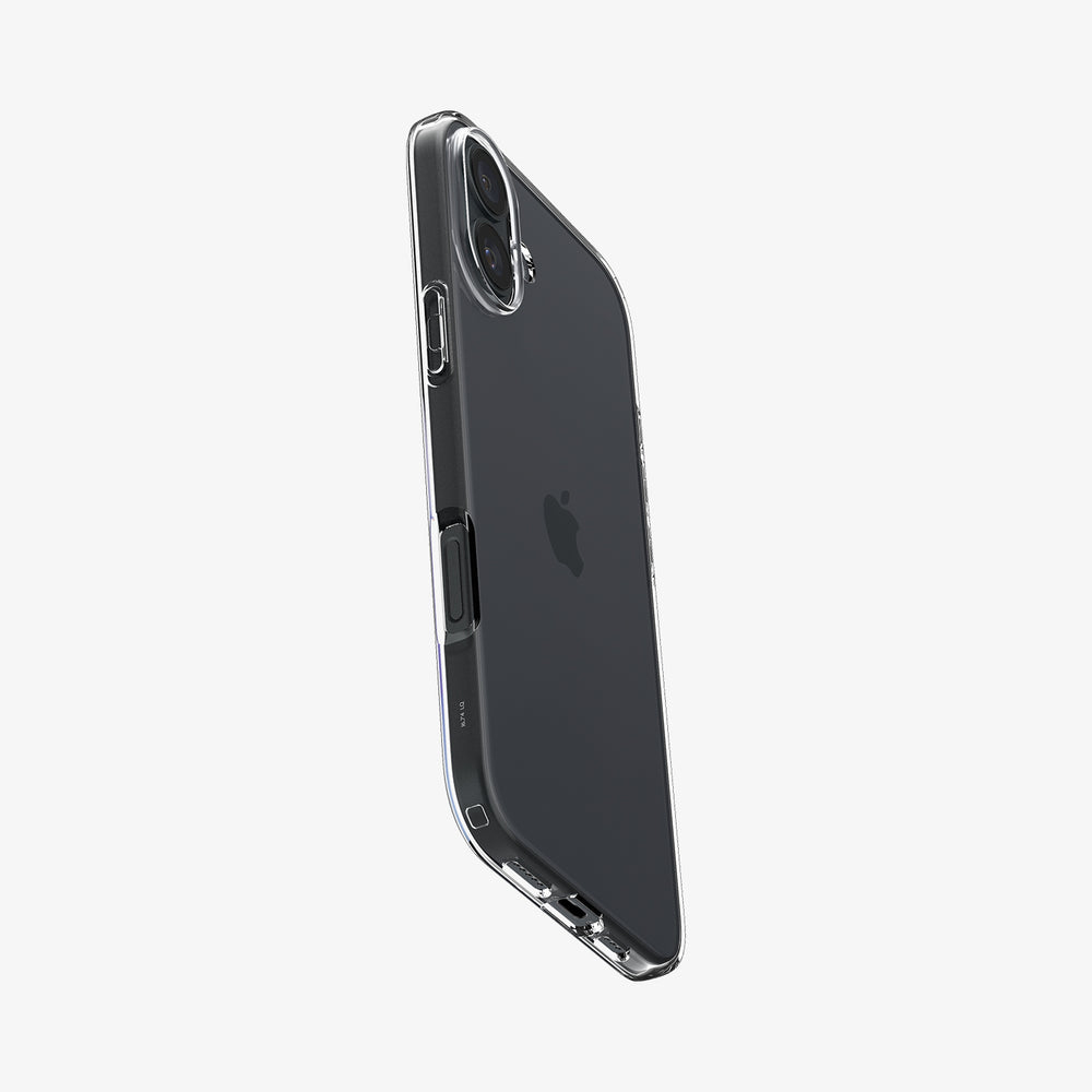 iPhone nero in una custodia trasparente. Mostra il logo Apple sul retro. Sfondo bianco.