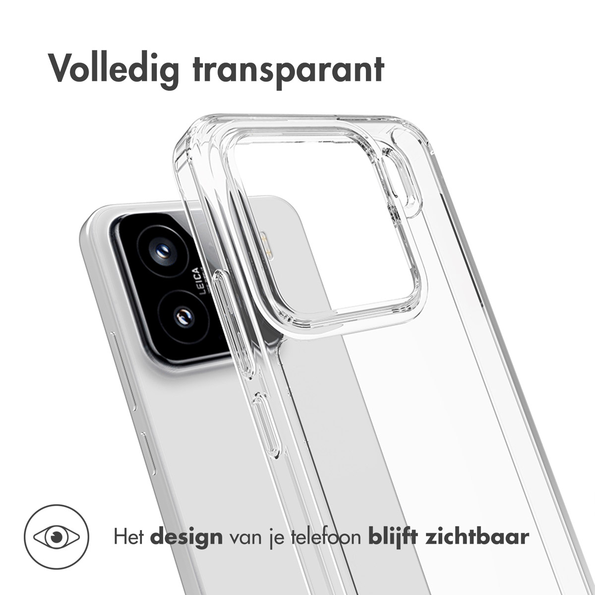 Transparante telefoonhoes met een telefoon erin. Tekst bovenaan: 'Volledig transparant'. Telefoonontwerp is zichtbaar.