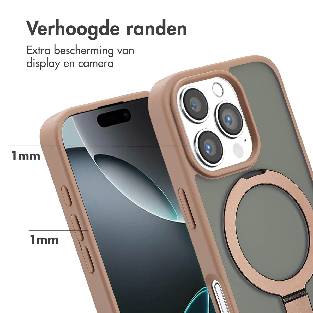 Gros plan d'une coque de téléphone avec un design protecteur. Le texte 'Verhoogde randen' est visible, indiquant des bords surélevés.
