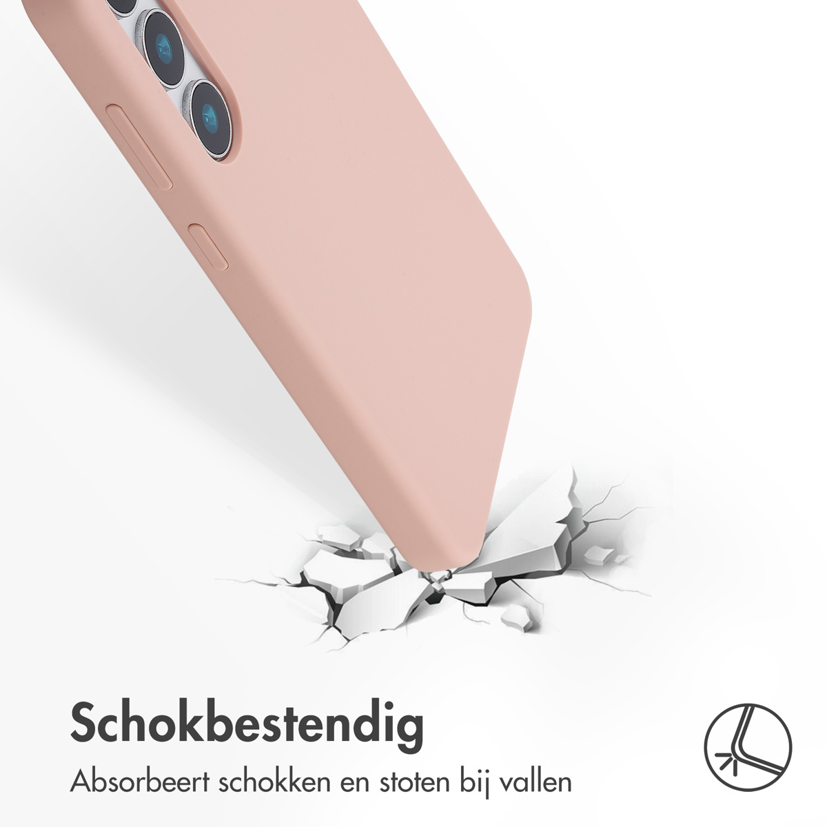 Une coque de téléphone rose est montrée absorbant les chocs, protégeant des chutes et des bosses.