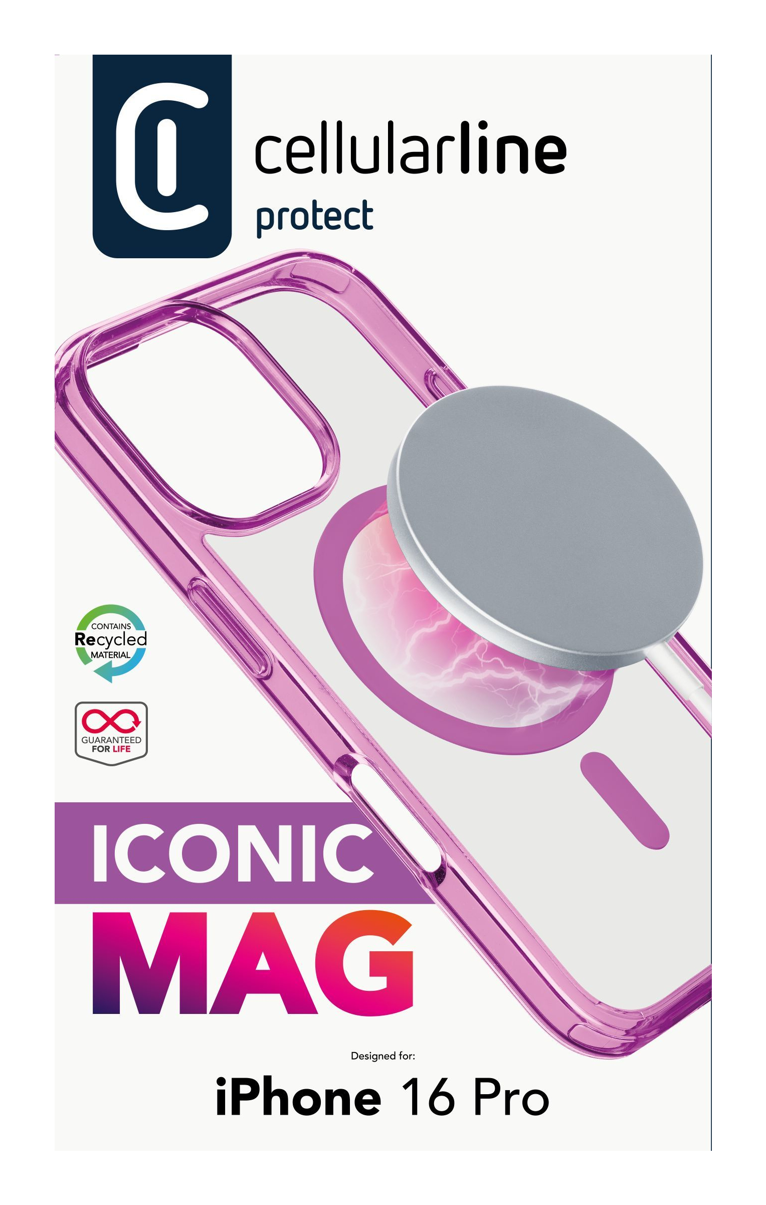 Empaque de funda: funda transparente, acentos rosas, anillo magnético plateado. Texto: Iconic Mag, iPhone 16 Pro.