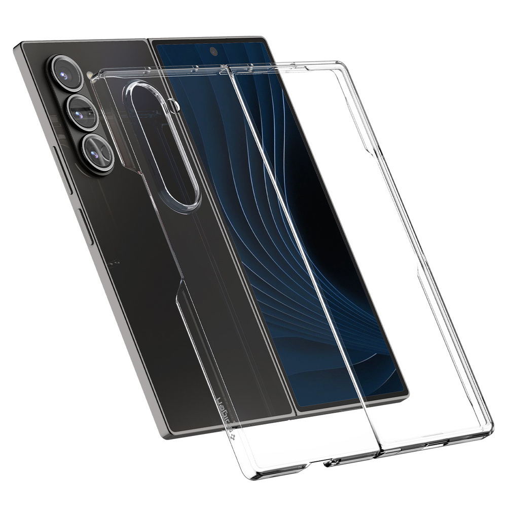 Uno smartphone pieghevole con una custodia trasparente.