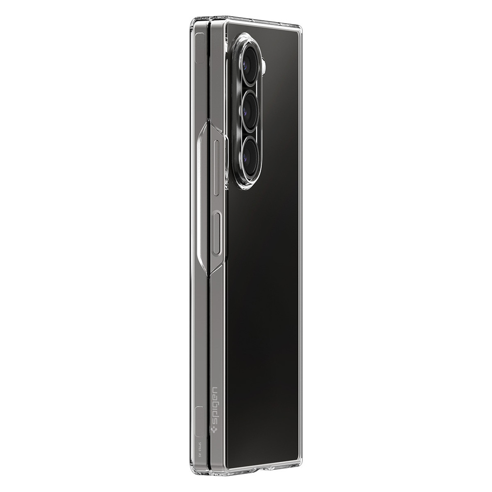 Telefono pieghevole in una custodia trasparente. Mostra il profilo laterale. Trasparente e nero.