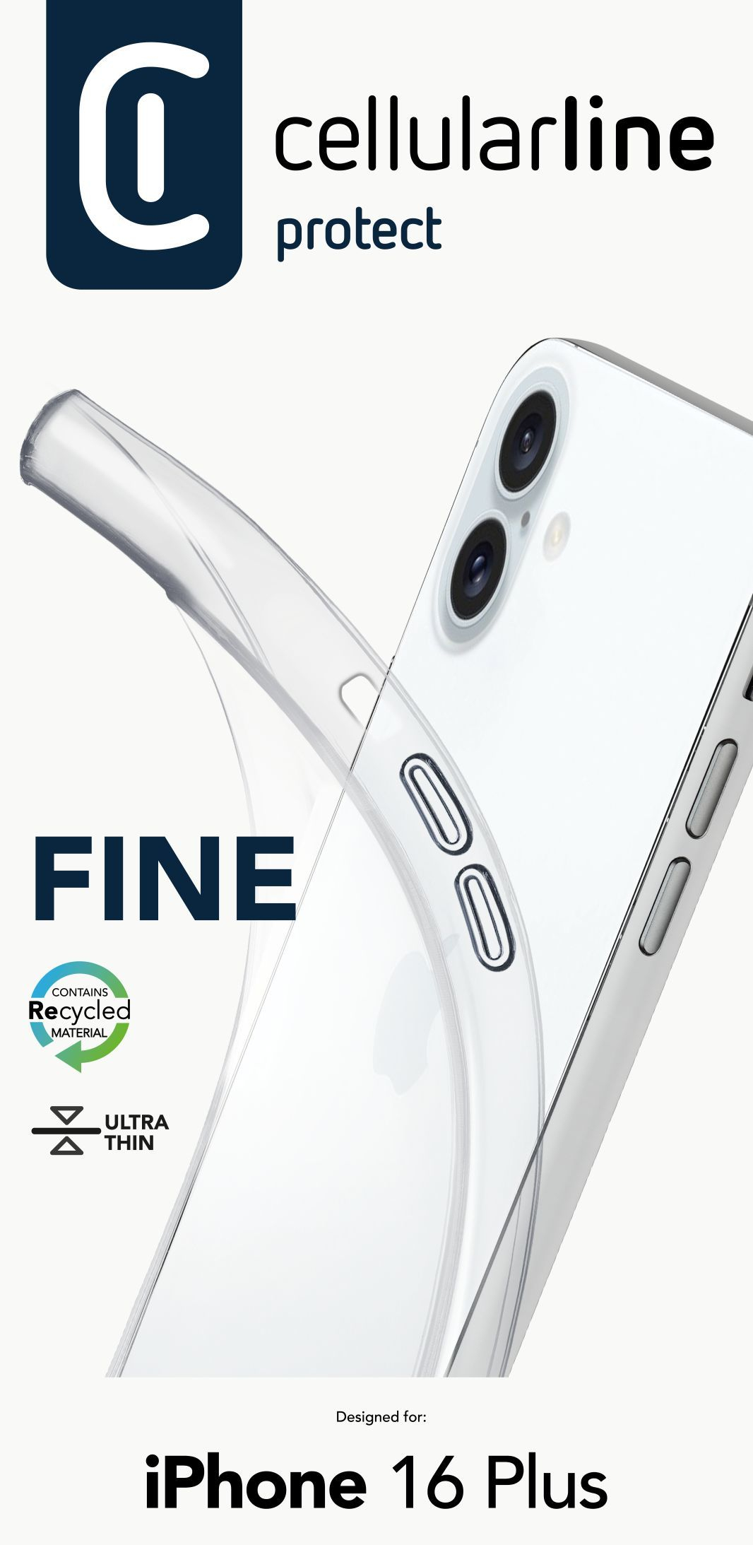 Custodia trasparente per telefono con un telefono dentro. Contiene materiale riciclato ed è ultra sottile. Per iPhone 16 Plus.