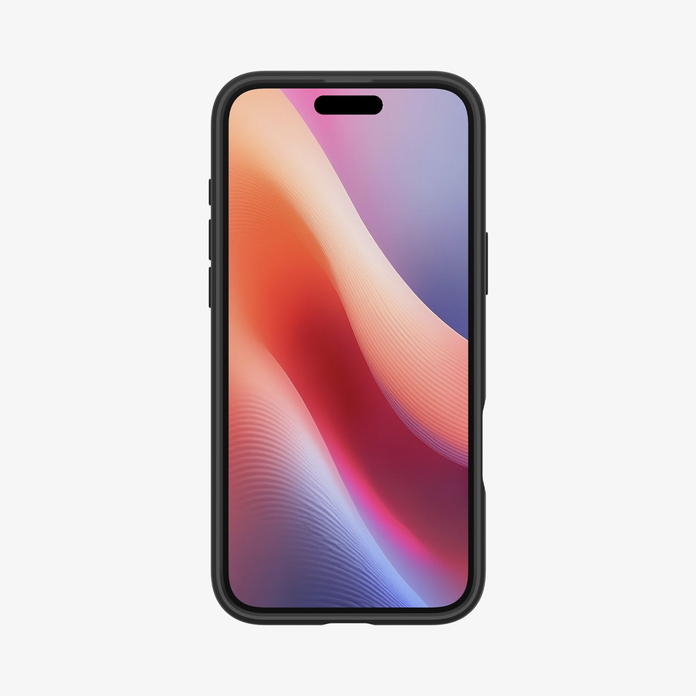 Viene mostrato un telefono in una custodia nera, lo schermo mostra un design colorato. La custodia ha un notch nella parte superiore.
