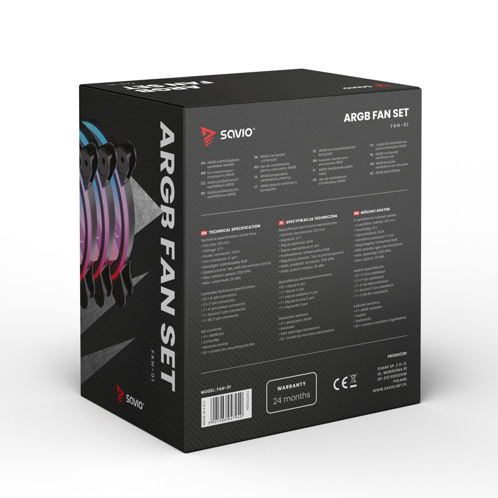 Pudełko zestawu wentylatorów ARGB z grafiką. Tekst: 'ARGB FAN SET' i informacje.