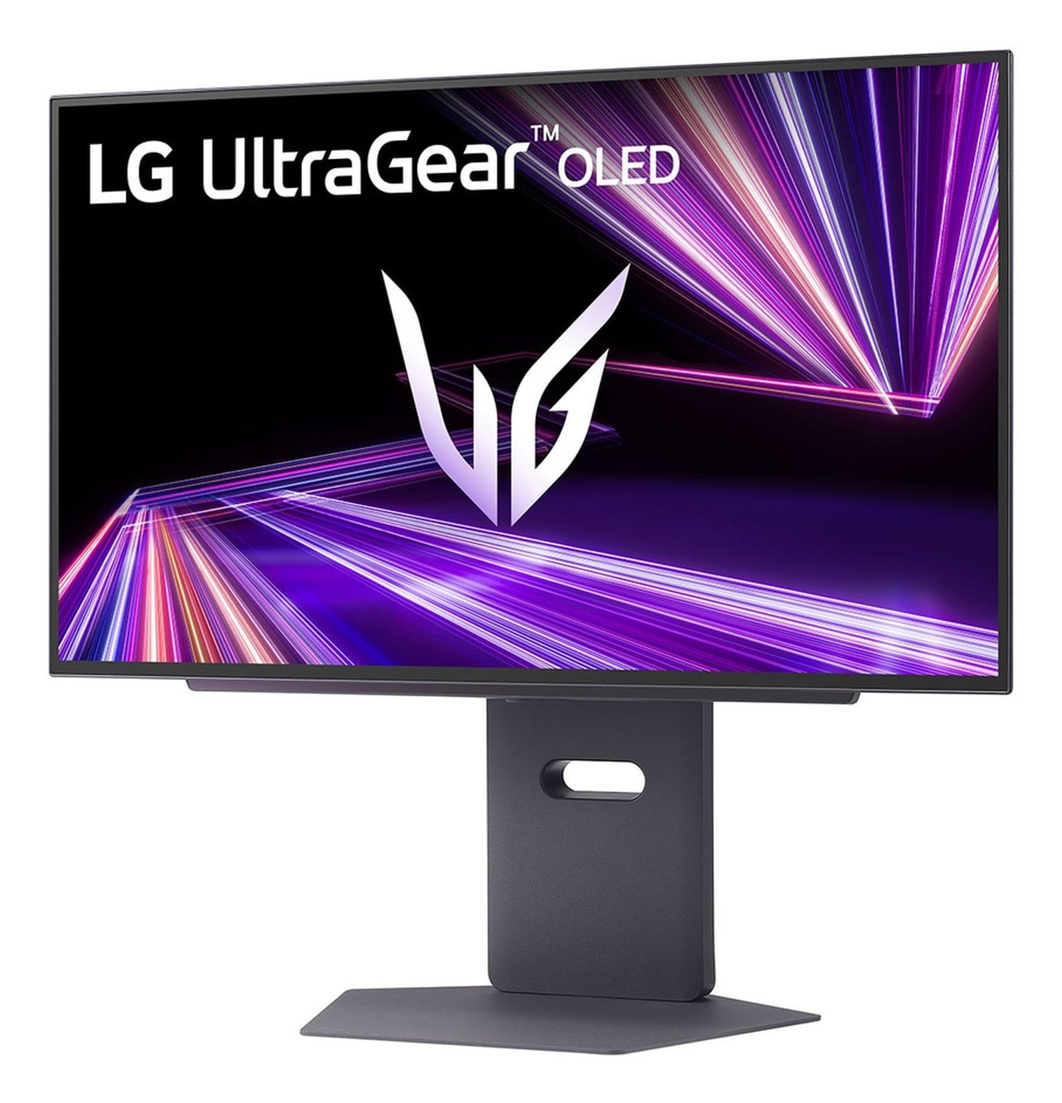 Monitor LG UltraGear OLED na stojaku, wyświetlający żywą, kolorową grafikę.