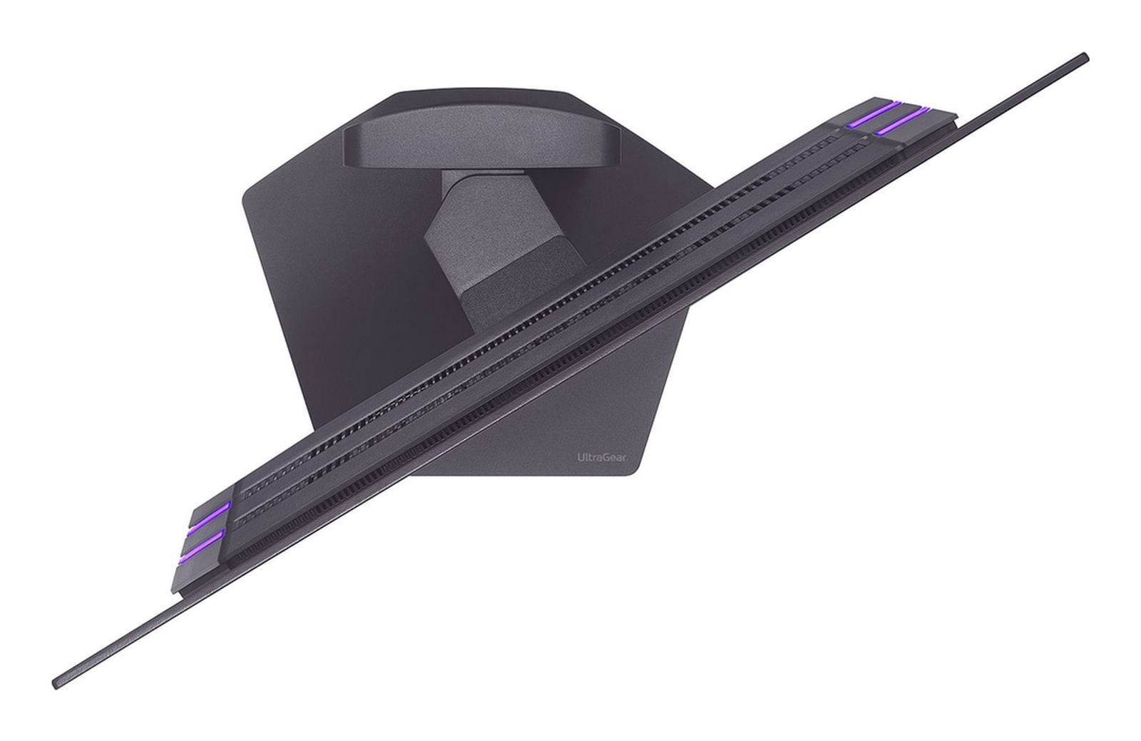 Czarny monitor ze stojakiem. Monitor jest ustawiony pod kątem, pokazując tył z portami i szczegółami.