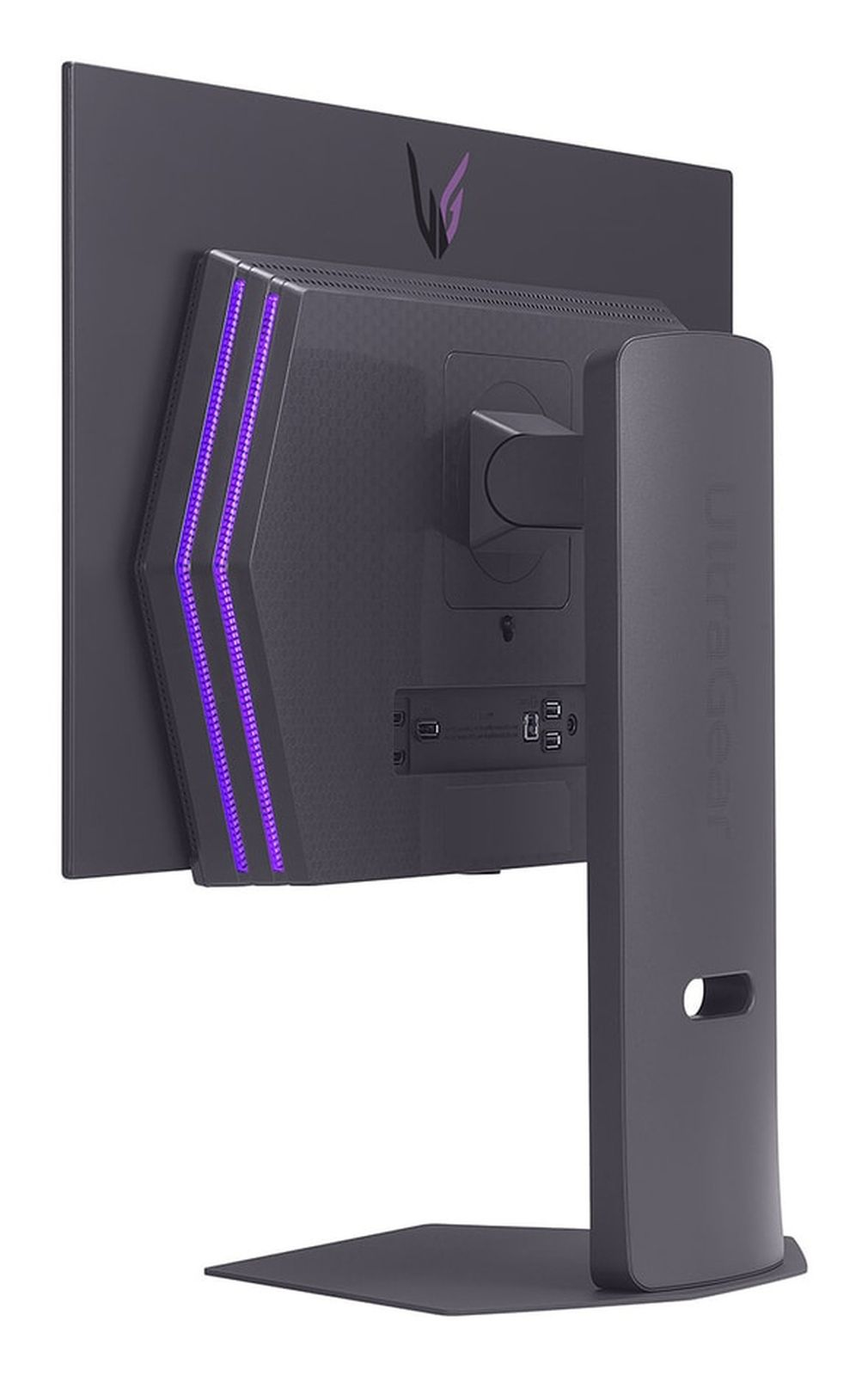 Widok z tyłu monitora LG UltraGear. Zawiera porty i podstawę.