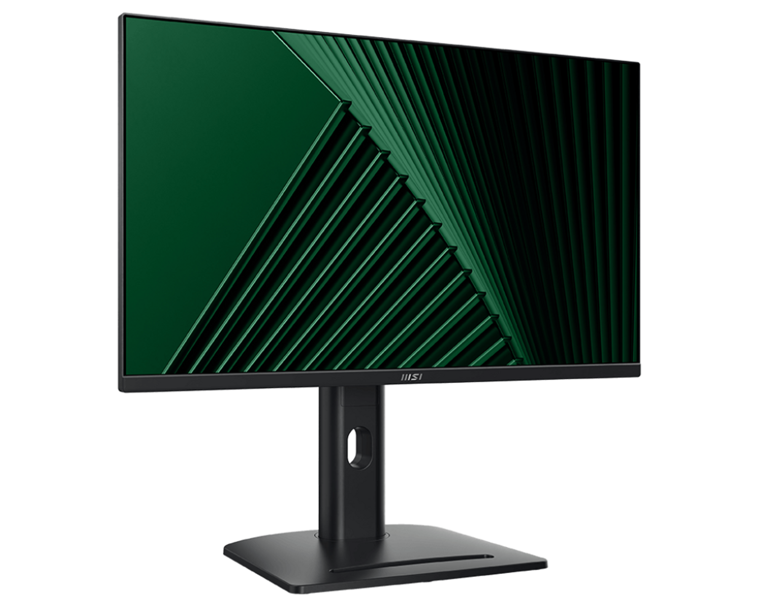 Monitor MSI z zielono-czarnym abstrakcyjnym wzorem na ekranie i czarną podstawą.